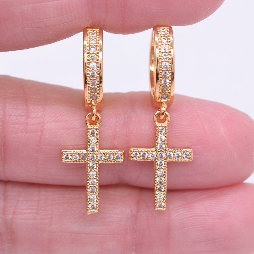 Wholesale Gold Plated Women Clear Zircon CZ Cross Dangle Huggie Earrings Jewelry