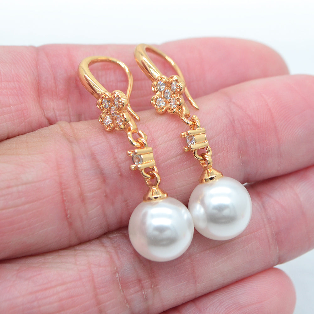 Wholesale Gold Plated Women Clear Zircon White Round Pearl Dangle Earrings Jewelry