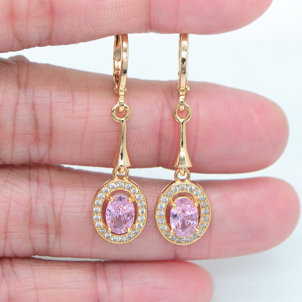 Wholesale Gold Plated Women Purple Zircon CZ Oval Dangle Earring Jewelry