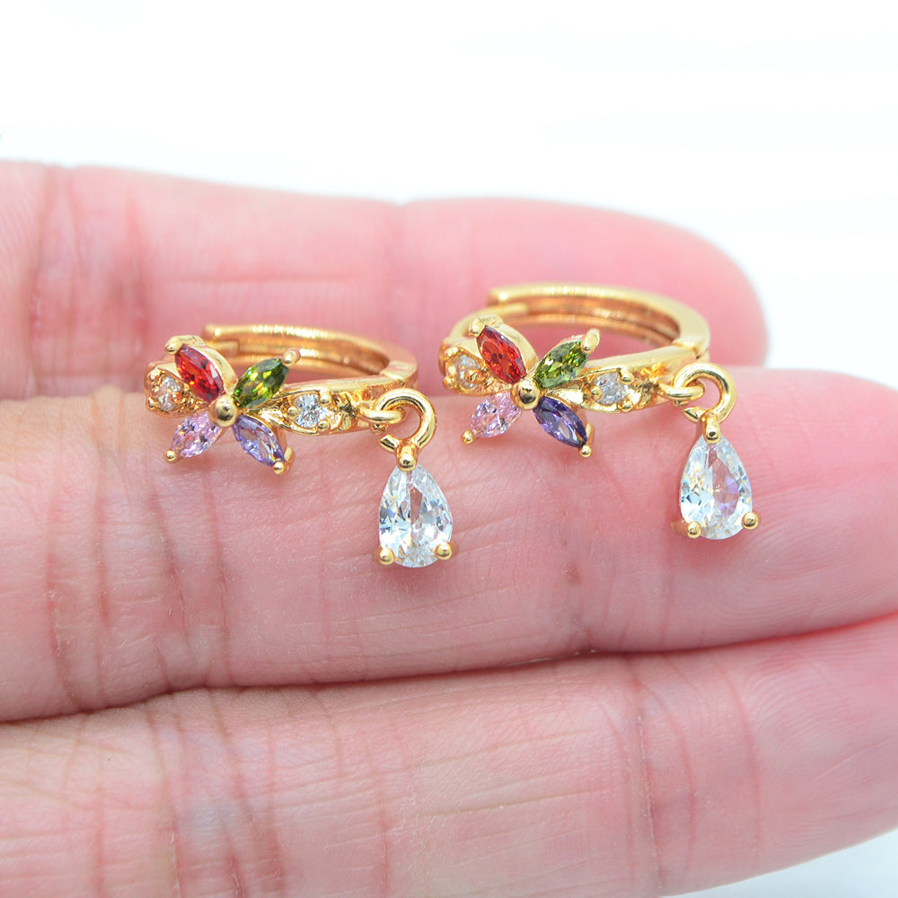 Wholesale Gold Plated Women Multicolor Zircon CZ Flower Dangle Huggie Earrings Jewelry