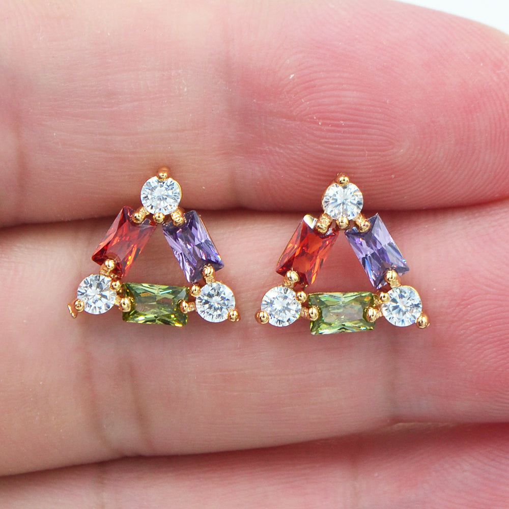 Wholesale Gold Plated Women Multicolor Zircon CZ Triangle Stud Earrings Jewelry