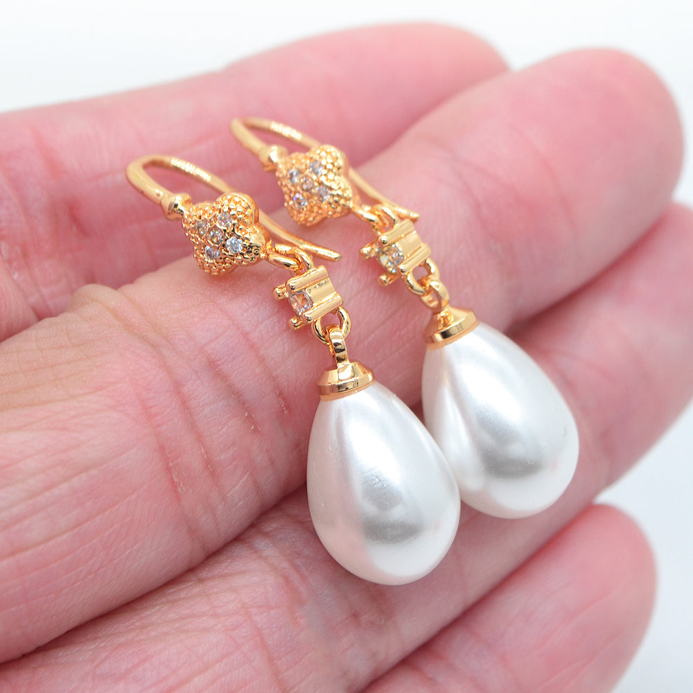 Wholesale Gold Plated Women Clear Zircon White Teardrop Pearl Dangle Earrings Jewelry