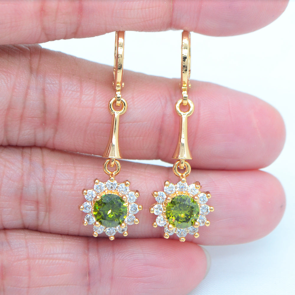 Wholesale Gold Plated Women Green Zircon CZ Halo Round Dangle Earring Jewelry