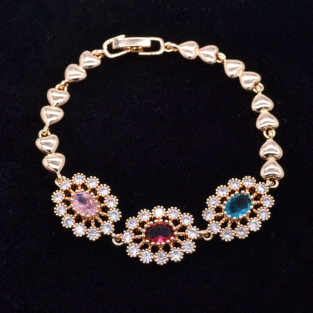 Wholesale Gold Plated Women Multicolor Zircon CZ Halo Oval Charms Bracelet Jewelry