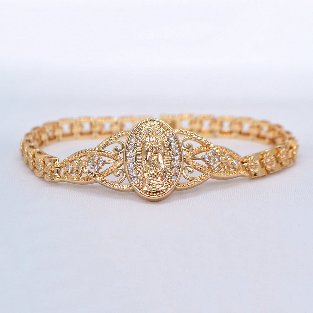 Wholesale Gold Plated Women Clear Zircon CZ Catholic Virgin Mary Oval Charm Bracelet Jewelry