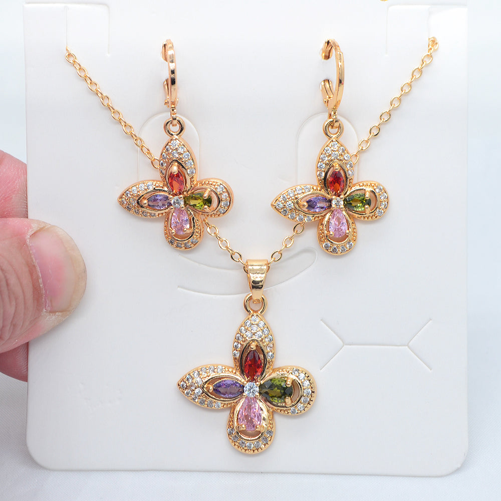 Wholesale Gold Plated Women Fashion Multicolor Zircon CZ Party Flower Jewelry Set