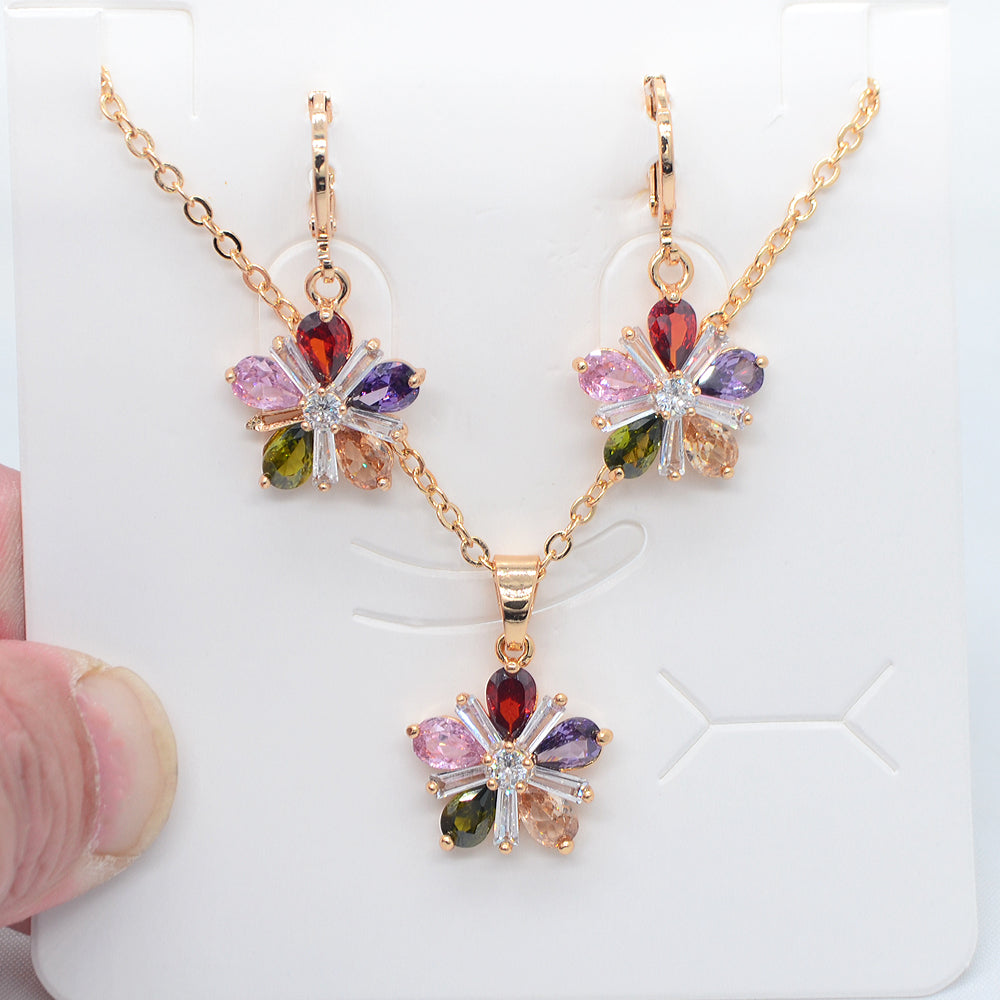 Wholesale Gold Plated Women Multicolor Zircon CZ Anniversary Flower Jewelry Set