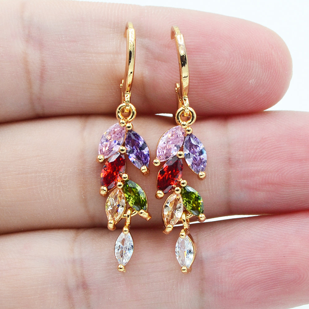 Wholesale Gold Plated Women Multicolor Zircon CZ Leaf Dangle Earrings Jewelry