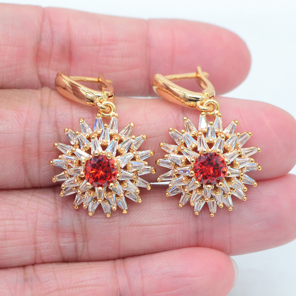 Wholesale Gold Plated Women Red Zircon CZ Luxury Blossom Flower Dangle Huggie Earrings Jewelry