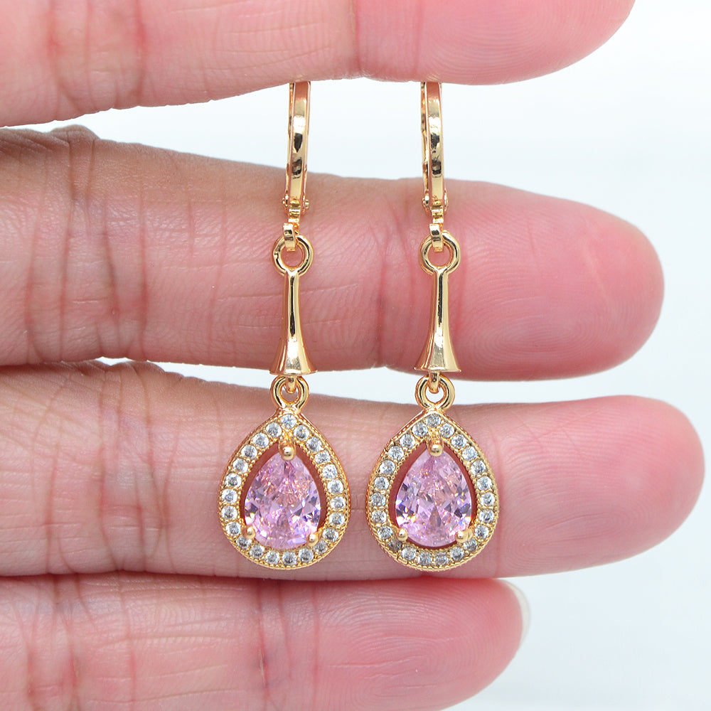 Wholesale Gold Plated Women Green Zircon CZ Teardrop Dangle Earring Jewelry