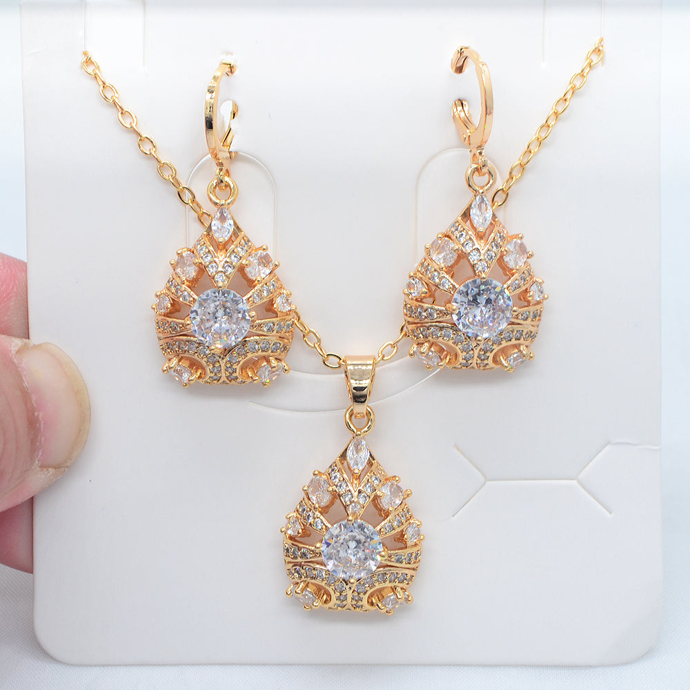 Wholesale Gold Plated Women Fashion Green Zircon CZ Water Drop Jewelry Set
