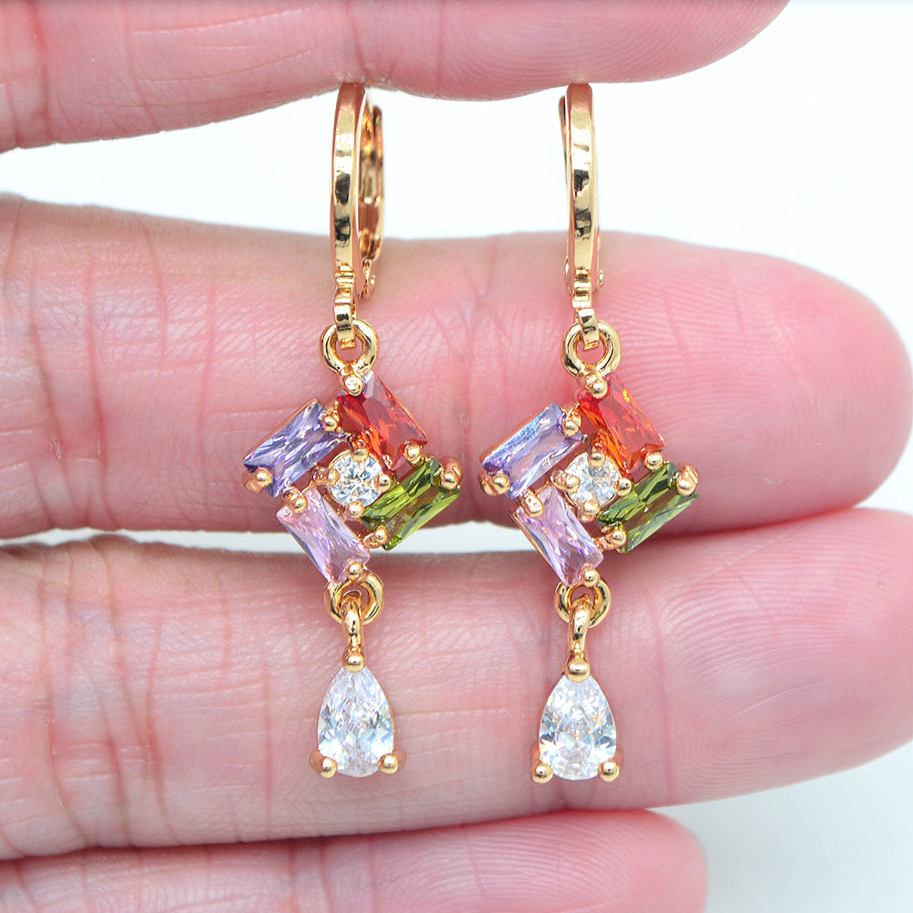 Wholesale Gold Plated Women Multicolor Zircon CZ Lozenge Knot Dangle Earrings Jewelry