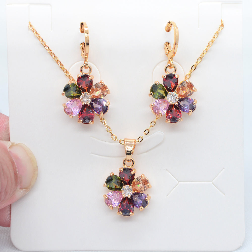 Wholesale Gold Plated Multicolor Zircon CZ Flower Women Engagement Jewelry Set