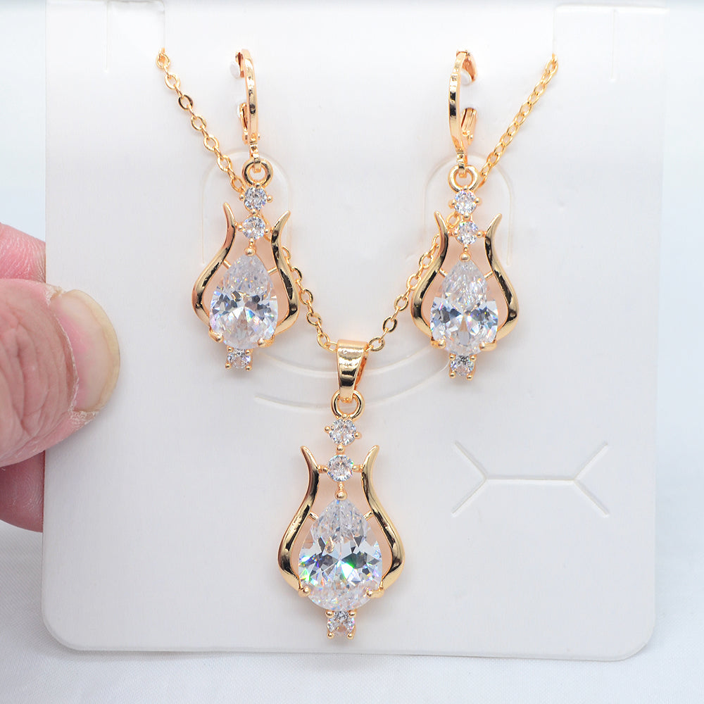 Wholesale Gold Plated Women Fashion Red Zircon CZ Water Drop Wedding Jewelry Set