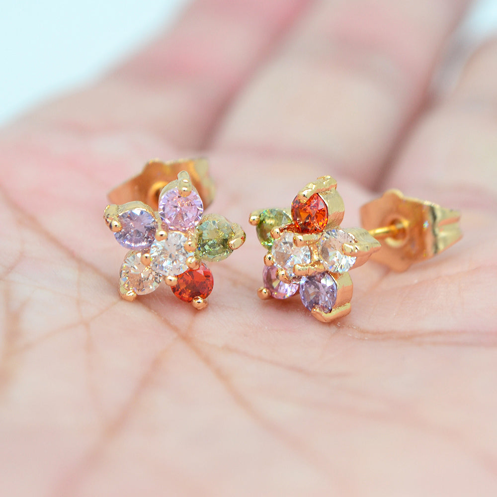 Wholesale Gold Plated Women Multicolor Zircon CZ Small Flower Stud Earrings Jewelry