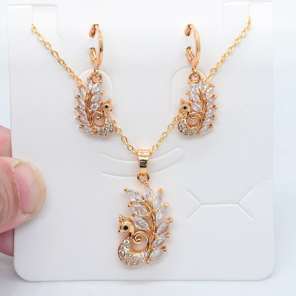 Wholesale Gold Plated Women Multicolor Zircon CZ Dancing Peacock Jewelry Set