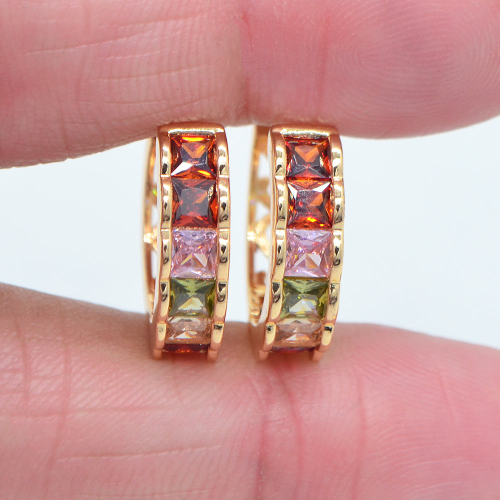 Wholesale Gold Plated Women Multicolor Square Zircon CZ Huggie Earrings Jewelry