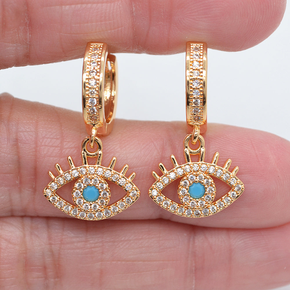 Wholesale Gold Plated Women Clear Zircon CZ Evil Eye Dangle Huggie Earrings Jewelry