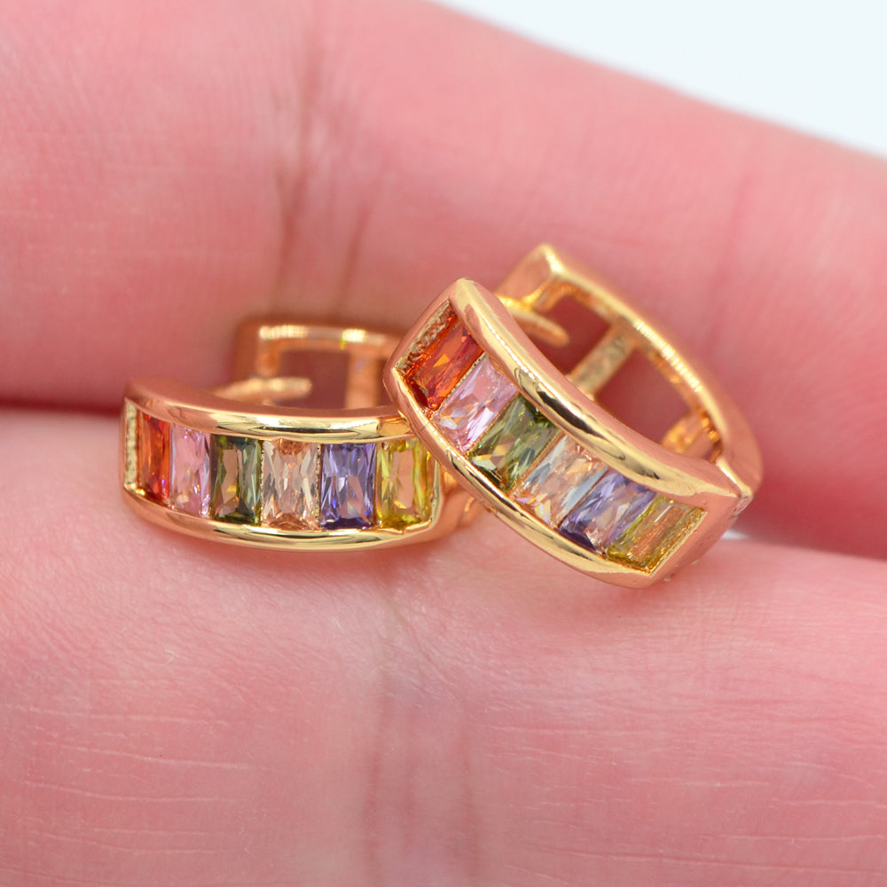 Wholesale Gold Plated Women Fashion Rainbow Zircon CZ Huggie Earrings Jewelry