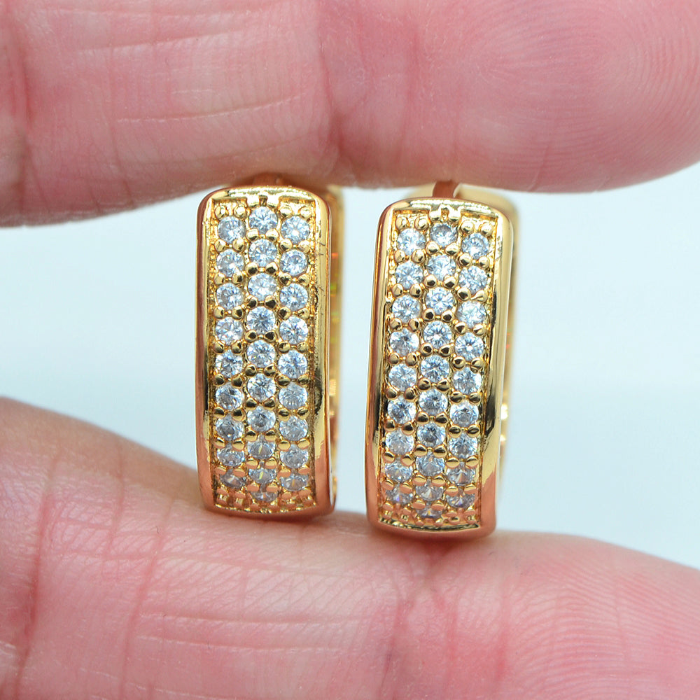 Wholesale Gold Plated Women Fashion Three Rows Clear Zircon CZ Huggie Earrings Jewelry