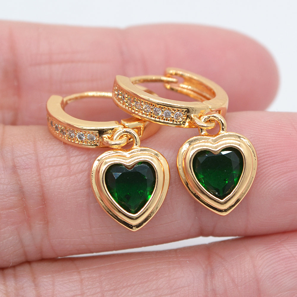 Wholesale Gold Plated Women Green Zircon CZ Heart Dangle Huggie Earrings Jewelry