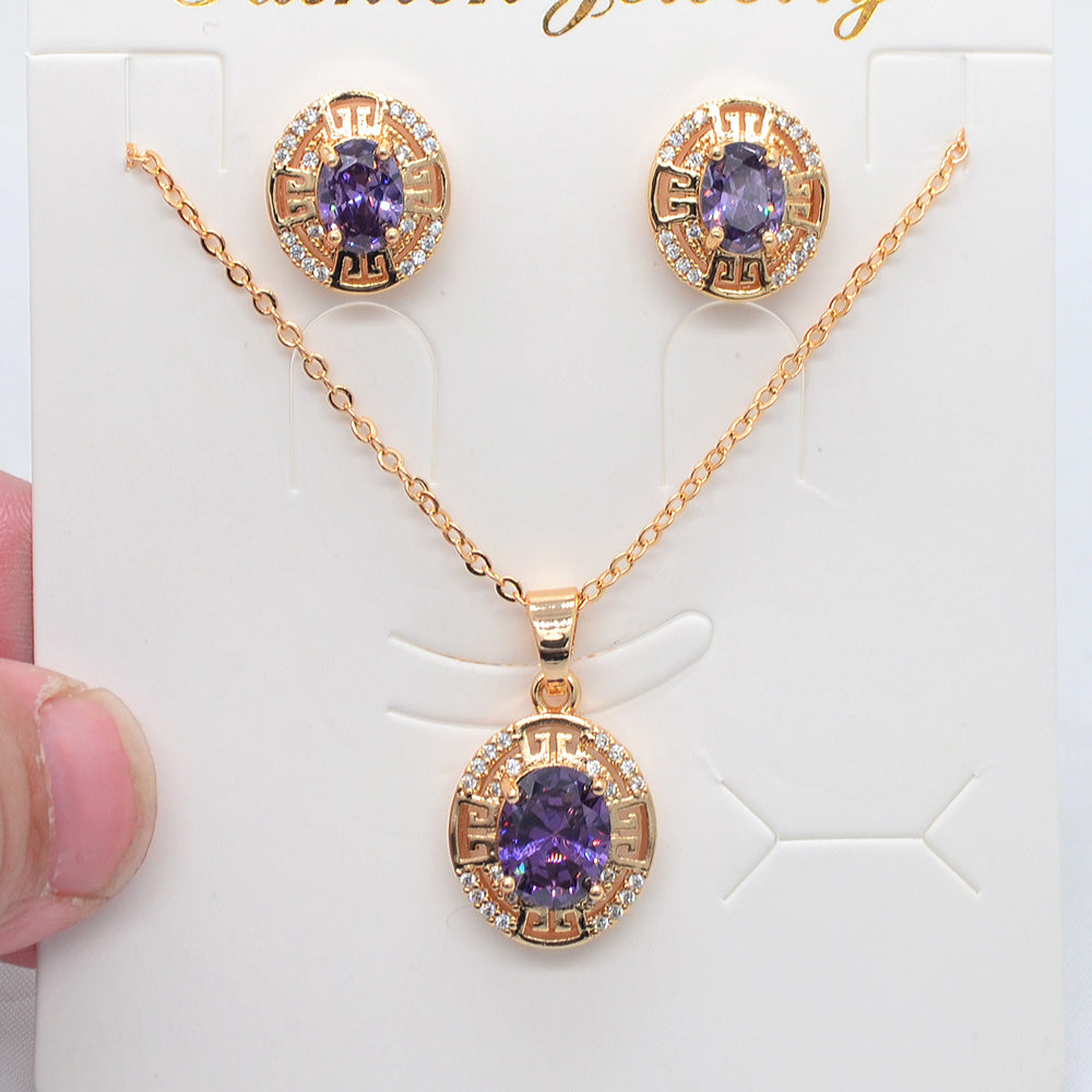 Wholesale Gold Plated Women Fashion Purple Zircon CZ Oval Jewelry Set