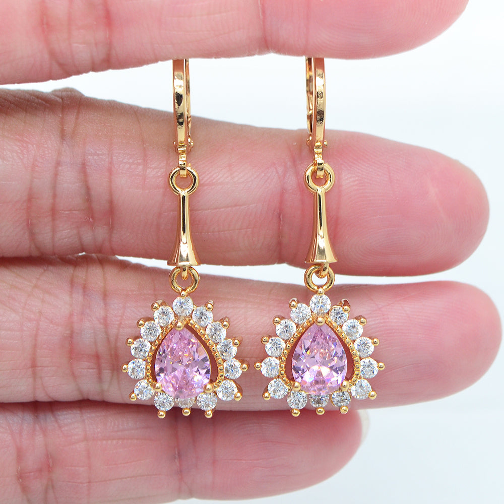 Wholesale Gold Plated Women Pink Zircon CZ Teardrop Dangle Earring Jewelry