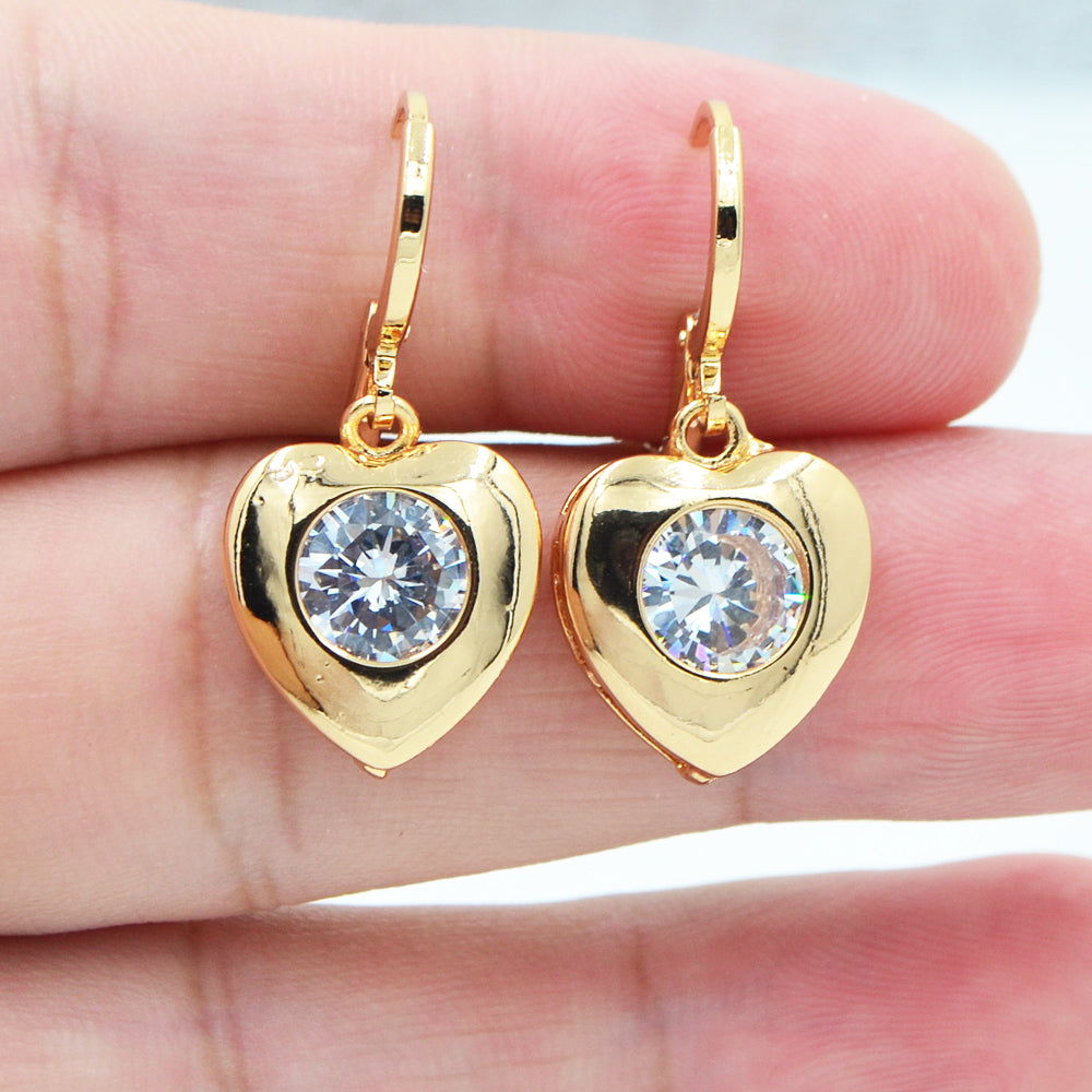 Wholesale Gold Plated Women Fashion Clear Zircon CZ Heart Dangle Earrings Jewelry