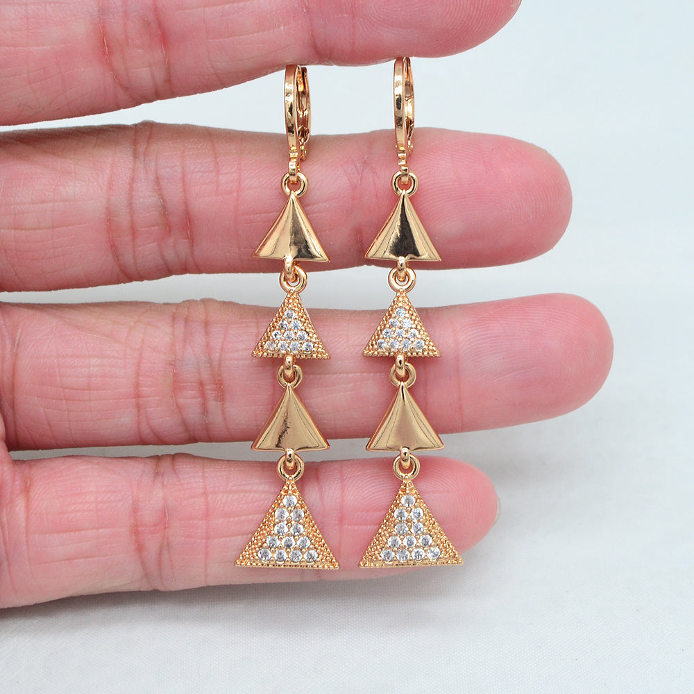 Wholesale Gold Plated Women Clear Zircon CZ Long Geometric Triangle Dangle Earrings Jewelry