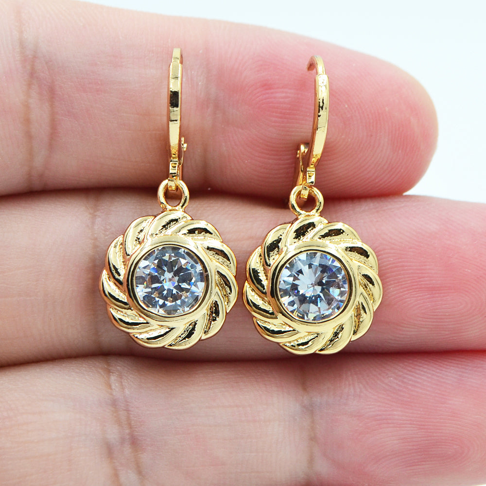 Wholesale Gold Plated Women Lake Blue Zircon CZ Round Dangle Earrings Jewelry