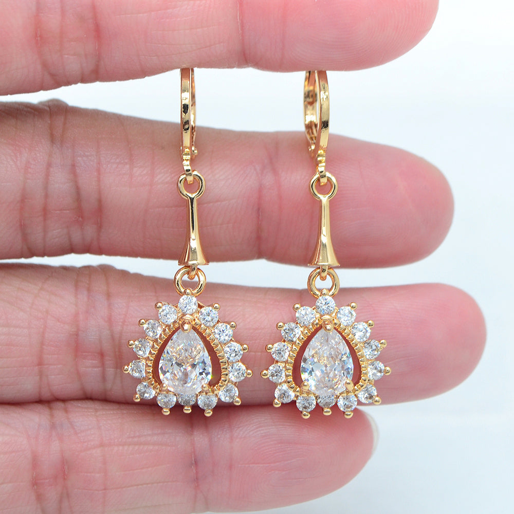 Wholesale Gold Plated Women Pink Zircon CZ Teardrop Dangle Earring Jewelry