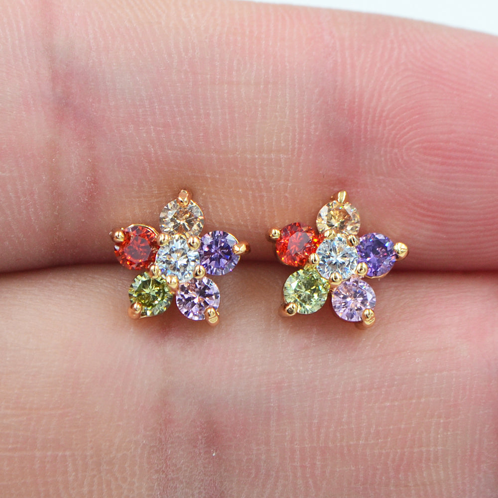 Wholesale Gold Plated Women Multicolor Zircon CZ Small Flower Stud Earrings Jewelry