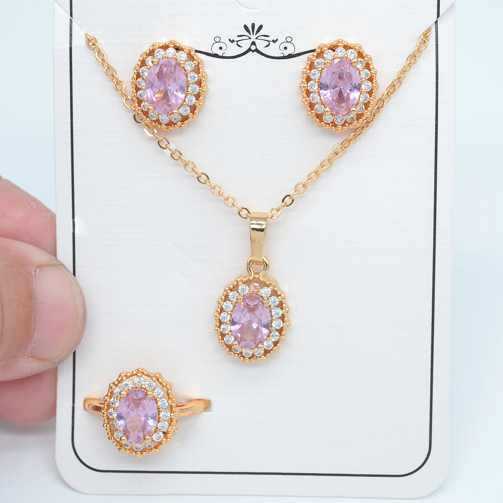 Wholesale Gold Plated Women Green Zircon CZ Halo Oval Wedding Jewelry Set Free Ring Size