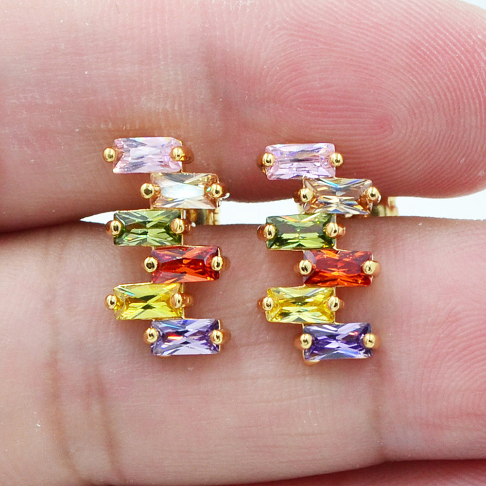 Wholesale Gold Plated Women Irregular Multicolor Rectangle Zircon CZ Stud Earrings Jewelry