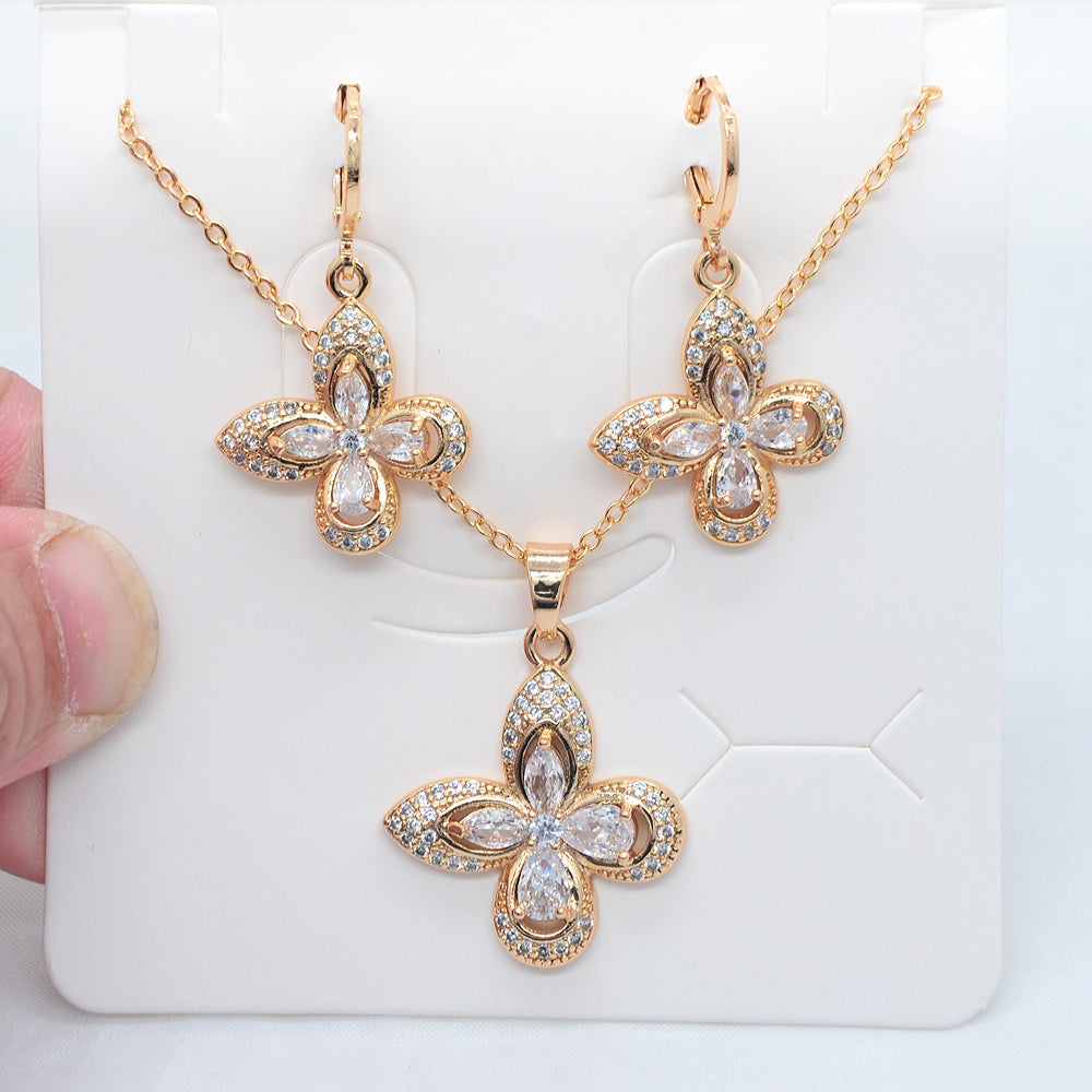 Wholesale Gold Plated Women Fashion Multicolor Zircon CZ Party Flower Jewelry Set