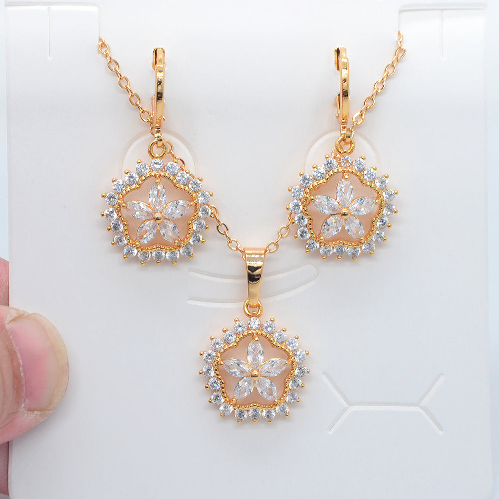 Wholesale Gold Plated Women Trendy Multicolor Zircon CZ Flower Wedding Jewelry Set
