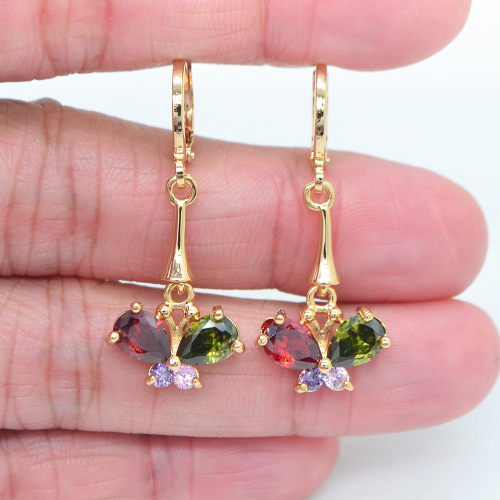 Wholesale Gold Plated Women Multicolor Zircon CZ Butterfly Dangle Earring Jewelry