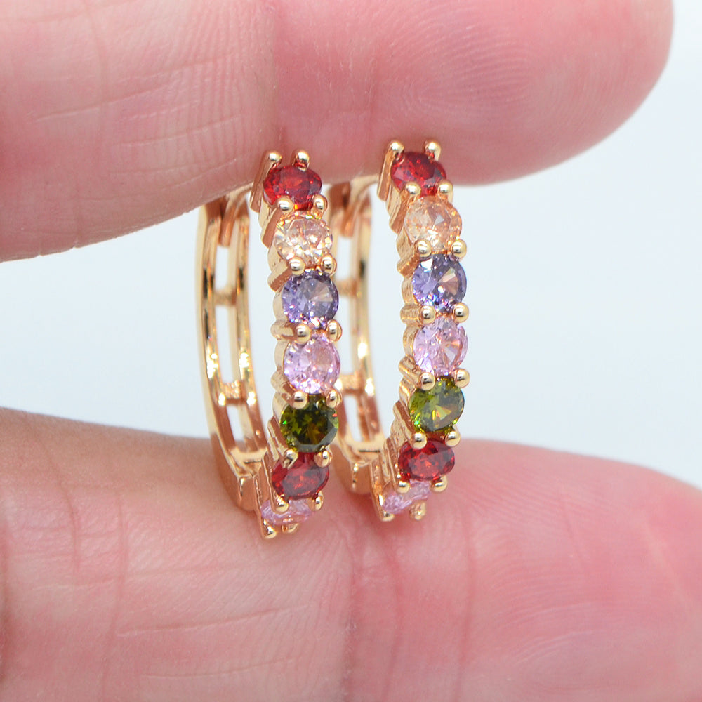 Wholesale Gold Plated Women Multicolor Round Zircon CZ Hoop Huggie Earrings Jewelry