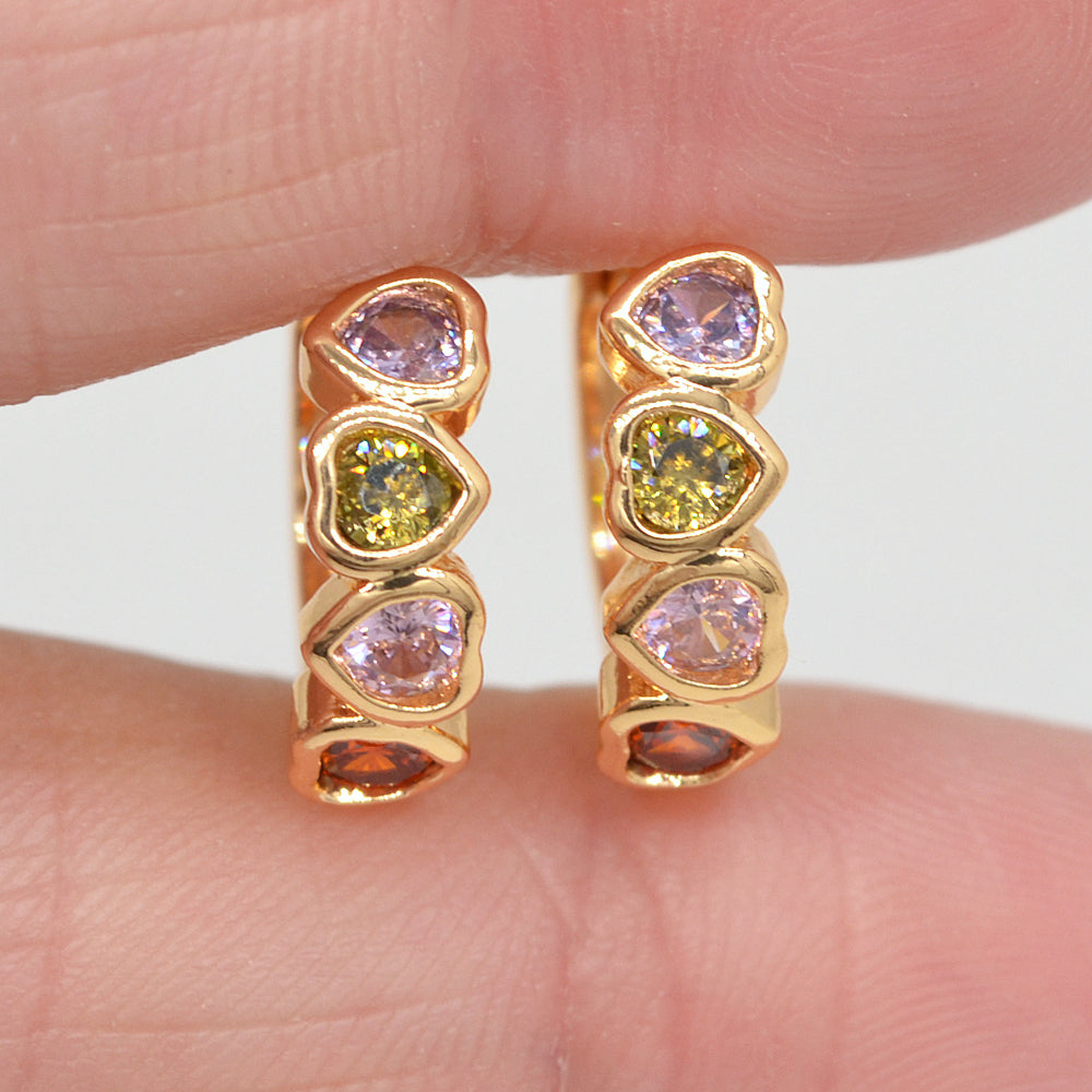Wholesale Gold Plated Women Multicolor Zircon CZ Love Hearts Huggie Earrings Jewelry