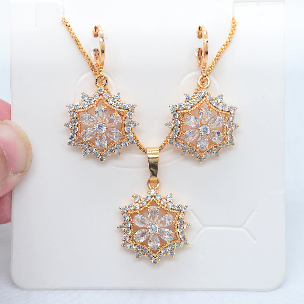 Wholesale Gold Plated Women Fashion Green CZ Zircon Flower Jewelry Set
