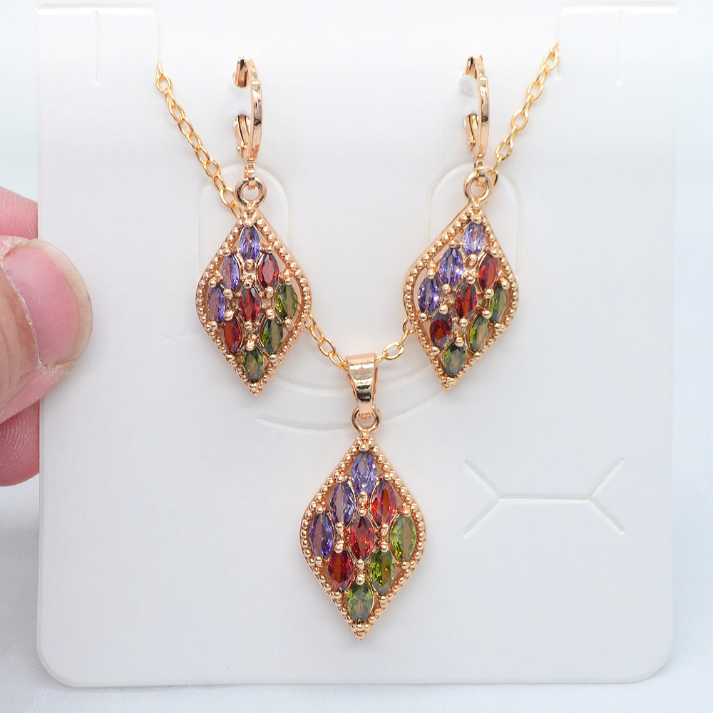 Wholesale Gold Plated Women Multicolor Zircon CZ Lozenge Design Jewelry Set