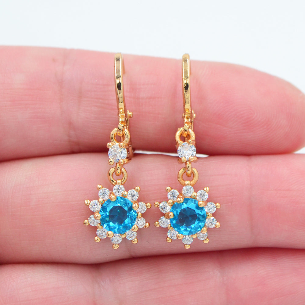 Wholesale Gold Plated Women Lake Blue Zircon CZ Sunflower Dangle Earrings Jewelry