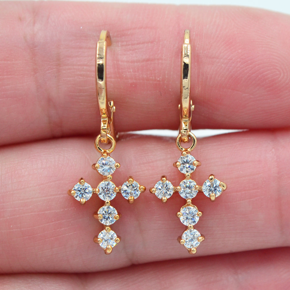 Wholesale Gold Plated Women Multicolor Cubic Zirconia CZ Cross Dangle Earrings Jewelry