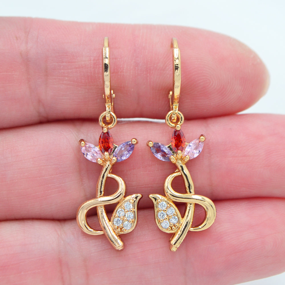 Wholesale Gold Plated Women Clear Cubic Zirconia CZ Flower Drop Earrings Jewelry