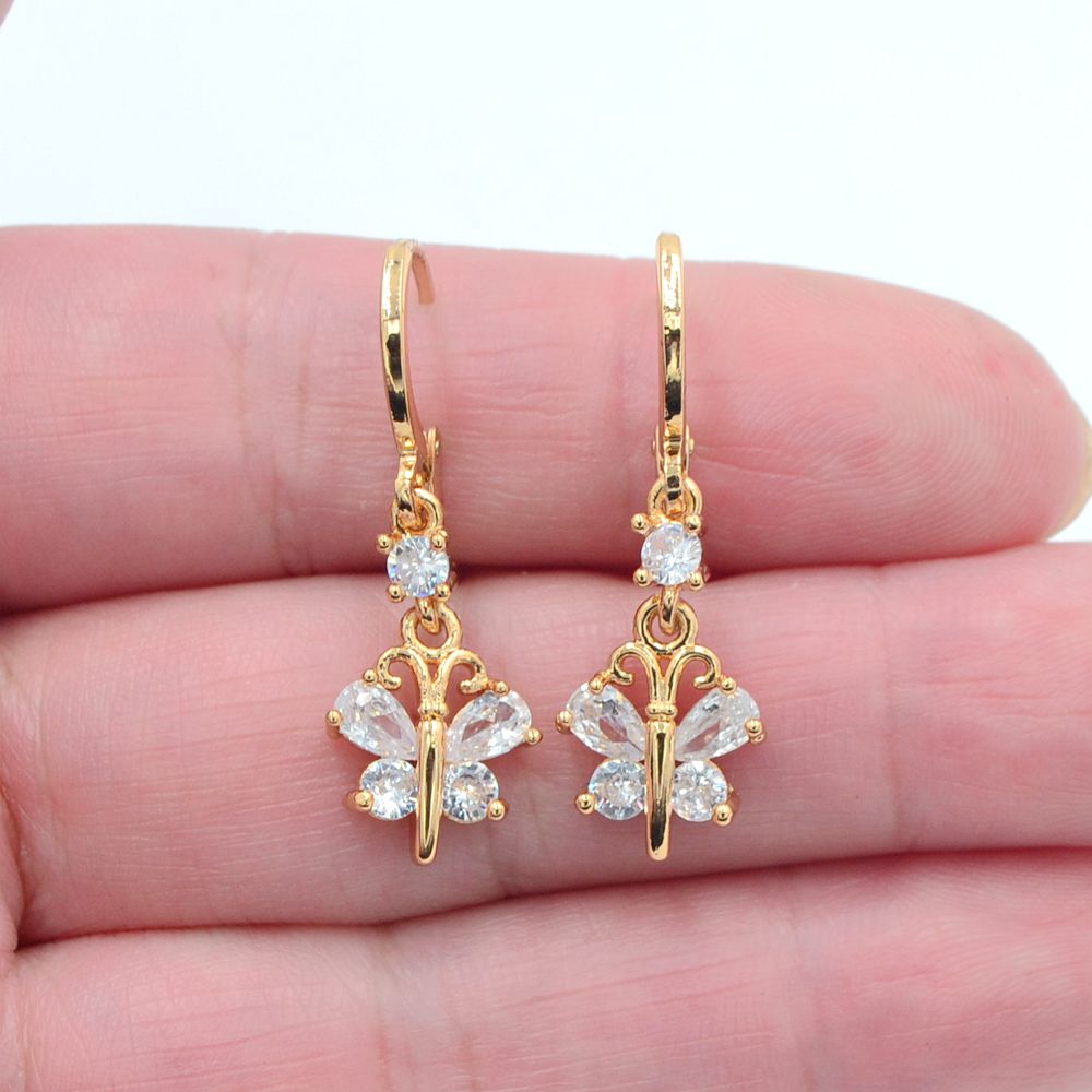 Wholesale Gold Plated Women Clear Zircon CZ Small Cute Butterfly Dangle Earrings Jewelry