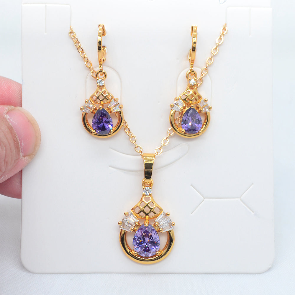 Wholesale Gold Plated Women Green Zircon CZ Water Drop Jewelry Set