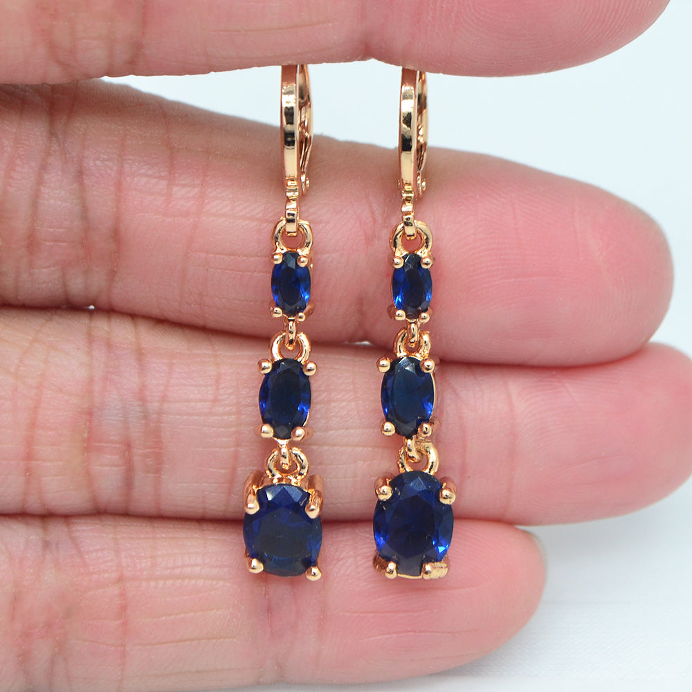 Wholesale Gold Plated Women Oval Blue Zircon CZ Dangle Earrings Jewelry