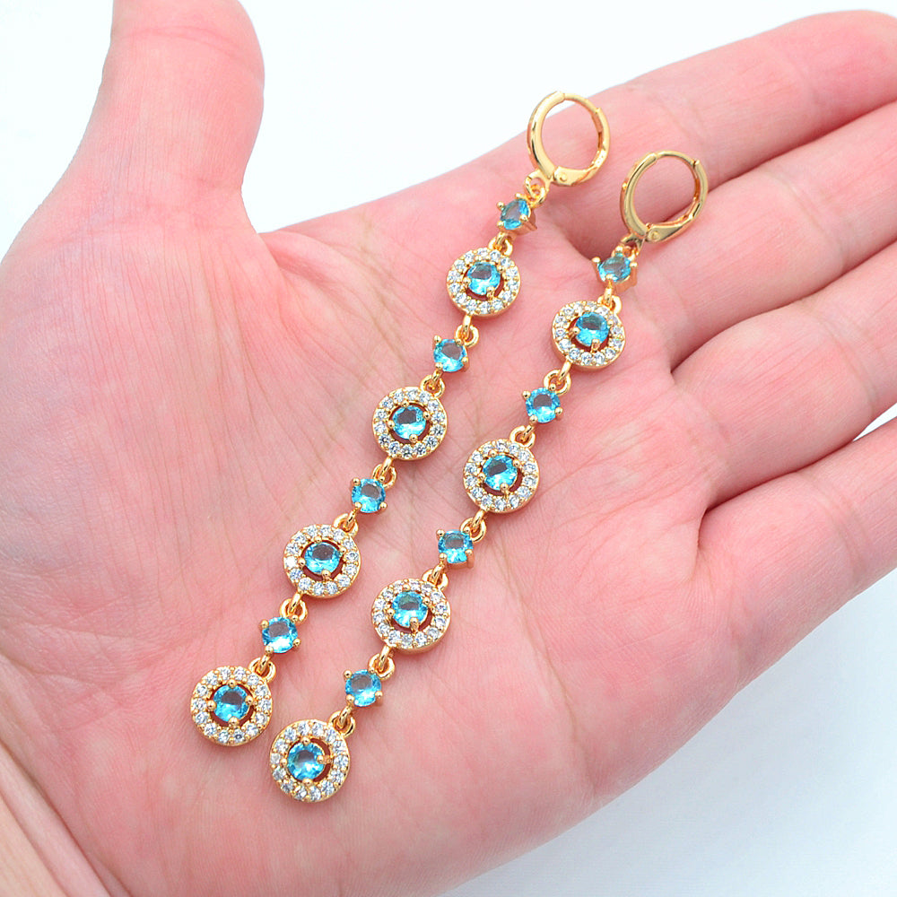 Wholesale Gold Plated Women Luxury Lake Blue Zircon CZ Long Round Dangle Earrings Jewelry