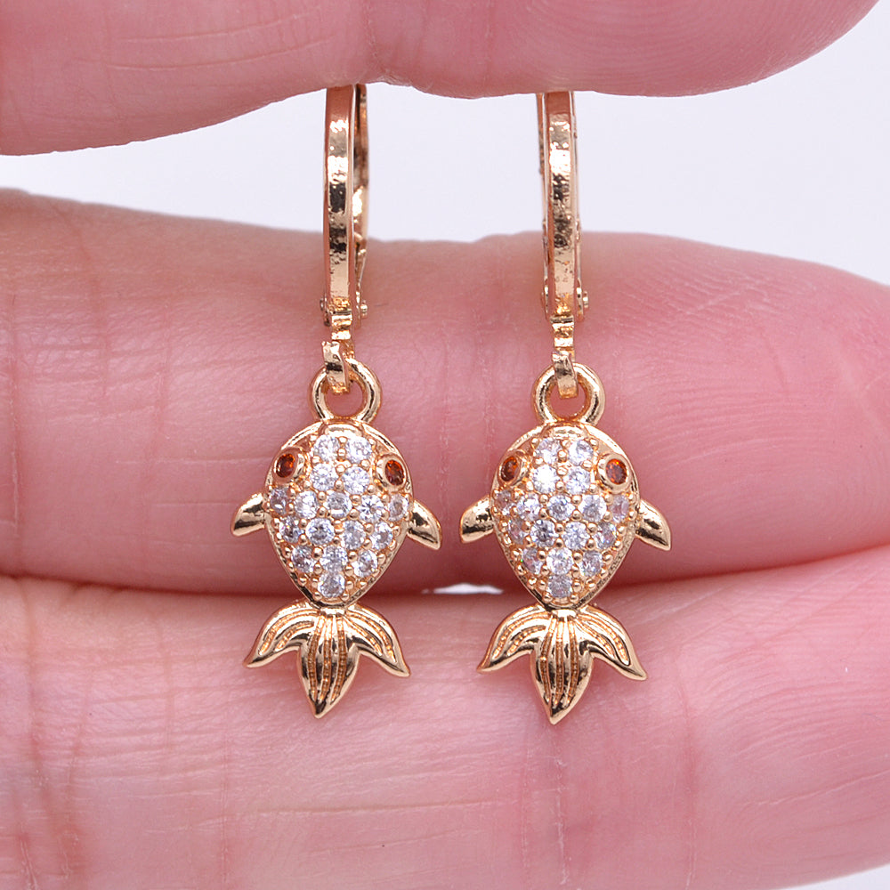 Wholesale Gold Plated Women Clear Zircon CZ Gloden Fish Dangle Earrings Jewelry
