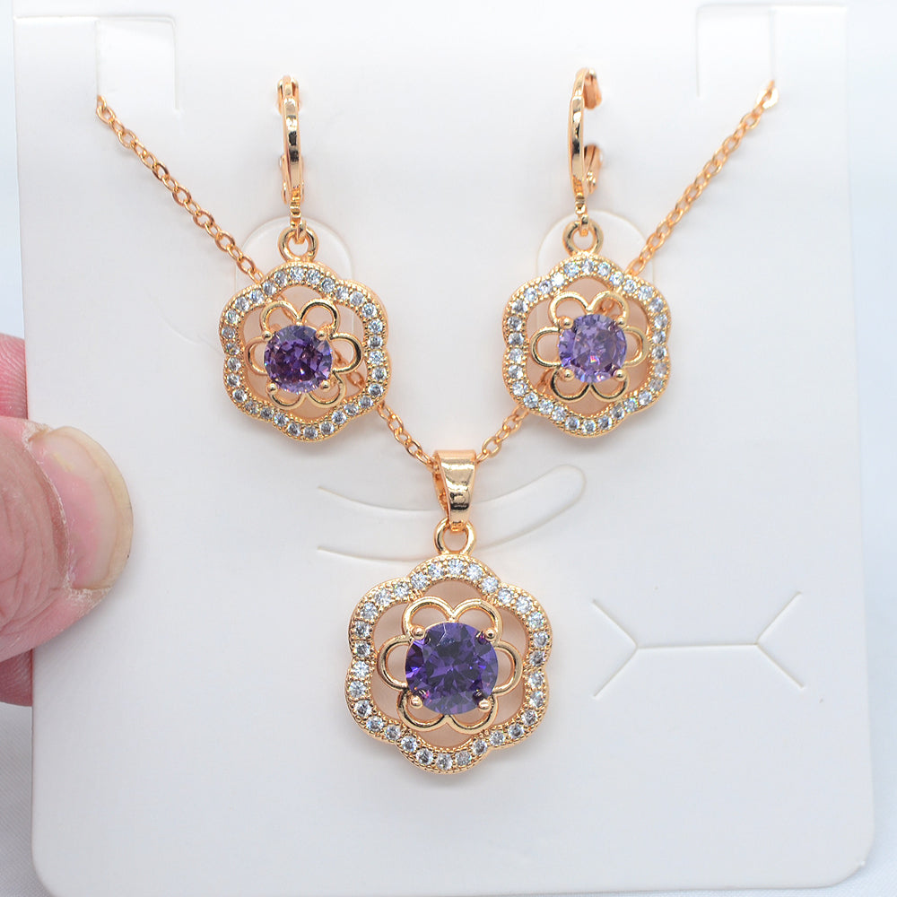 Wholesale Gold Plated Women Fashion Green Zircon CZ Flower Jewelry Set